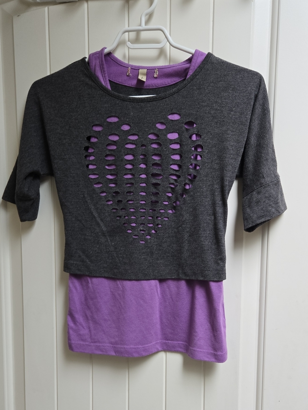 Gray Cropped Heart Cutout Layered Top with Purple Underlay Kids Large